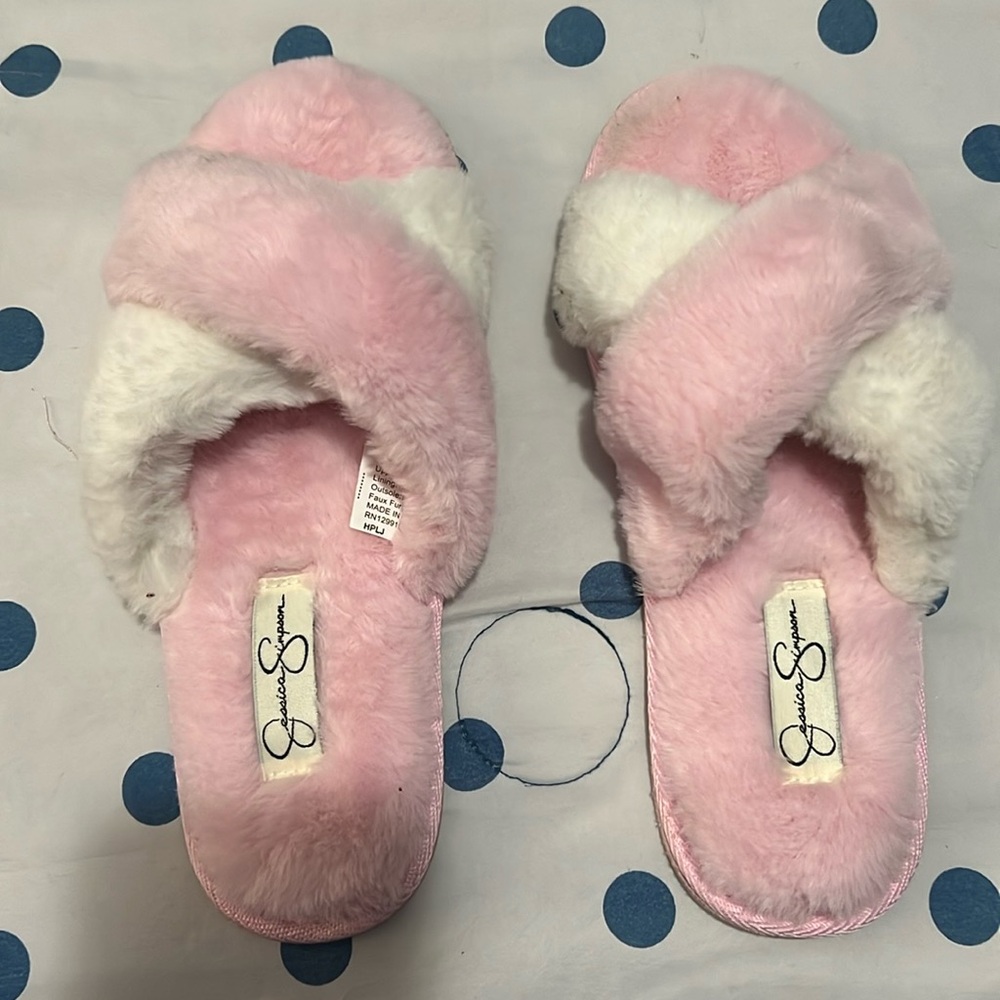 Pink and white Jessica Simpson Slippers.  Size 7-8. New.  Never worn.
